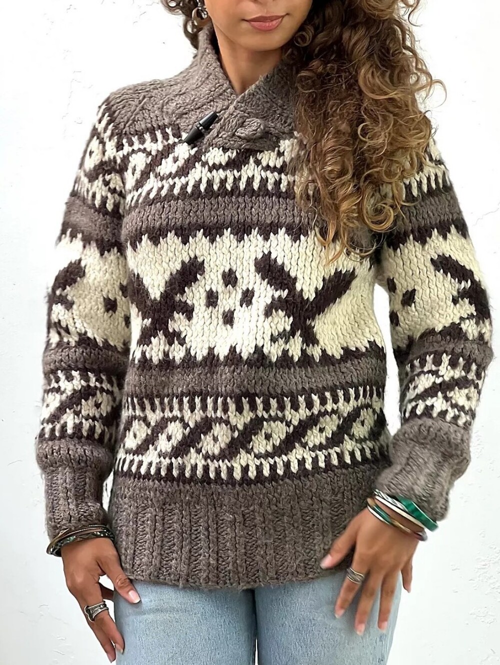 Vtg Y2k American Eagle Fireside Collared Wool Sweater Chunky Eagles Sz L